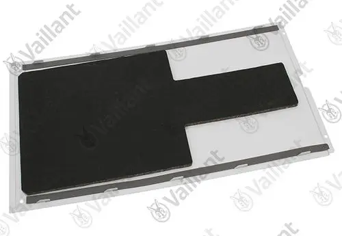 Vaillant-Mantel mit schwarzem Schaumstoff-Element, rechteckig geformt, auf einer hellen Unterlage.